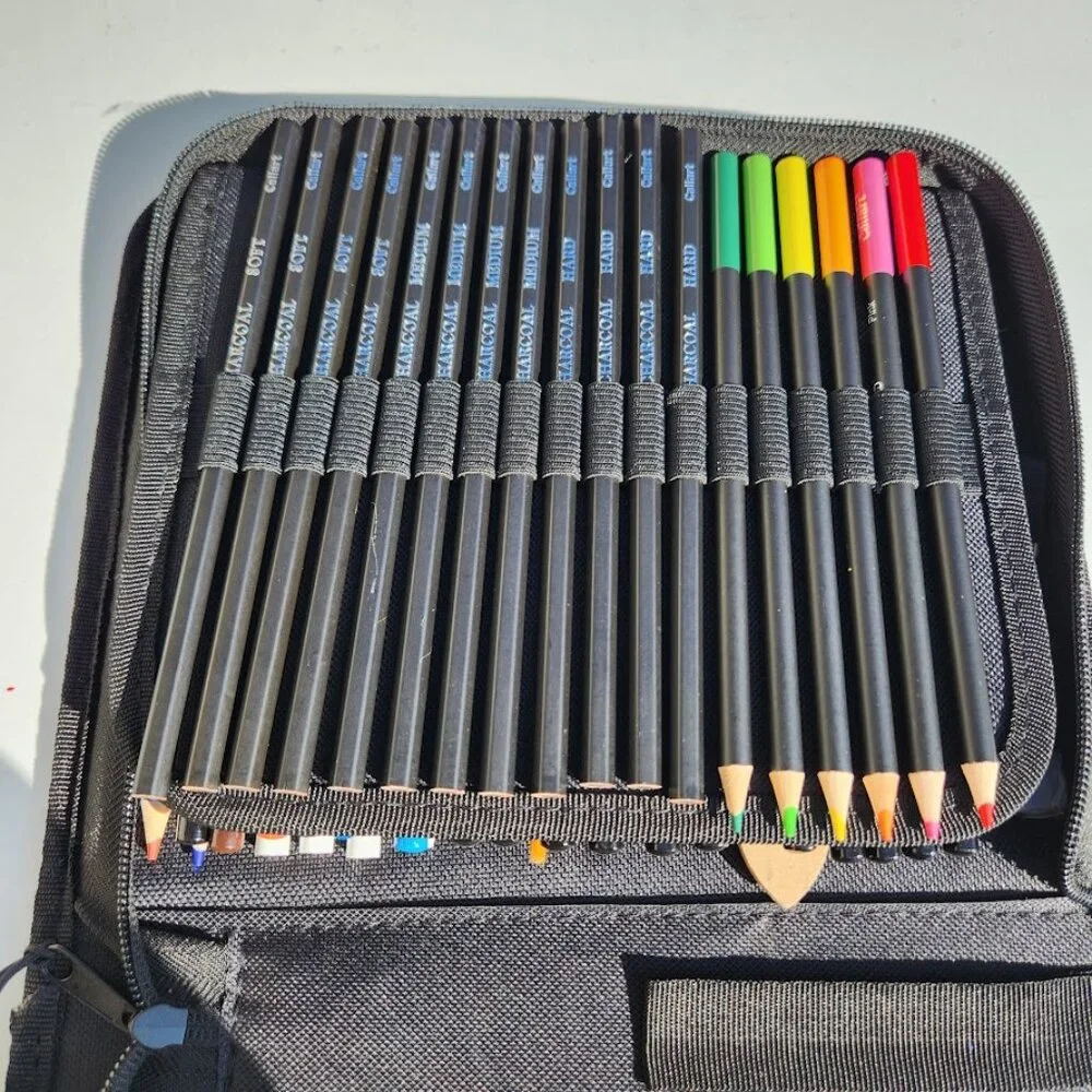 NEW Caliart 76 Piece Art Kit Supplies Watercolor Pencils Charcoal Travel Case Co